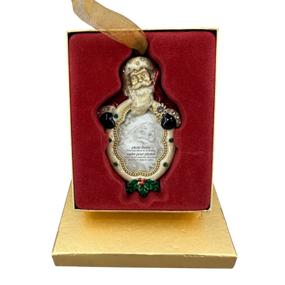 Vintage Costco Santa Claus Photo Frame Christmas Ornament Enameled Rhinestone